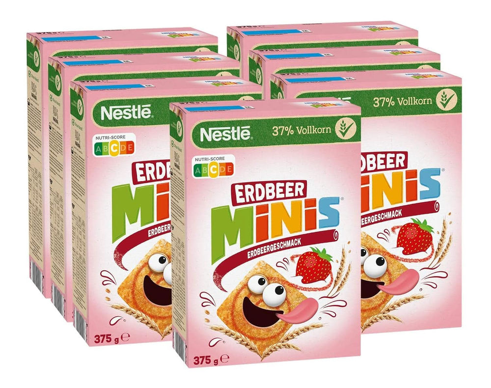 NESTLE Strawberry Minis, Müsli mit Erdbeergeschmack und Vollkornmehl, Set 7 x 375 Gramm Cereals Naty Shop