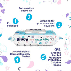 Kindii Feuchttücher Für Babys Und Kinder Pure Water 99% - 99%Ige Zusammensetzung Auf Wasserbasis - Allantoin - Unparfümiert - Dermatologisch Getestet - Für Empfindliche Haut - 720 Stück - 12X60 Stück Naty Shop
