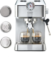 Caso Espresso Gourmet - Espressor portafiltru din oțel inoxidabil, pompă Ulka puternică de 19 bari, cu spumator de lapte, pentru cafea măcinată sau capsule de cafea ESE, pentru 2 cești, cu încălzitor de cești
