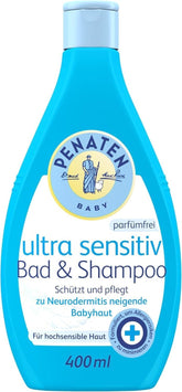 PENATEN Ultra Sensitive Bath & Shampoo (400 ml), baie și șampon pentru bebeluși deosebit de blând pentru pielea foarte sensibilă a bebelușilor predispuși la neurodermatită, gel de duș și șampon de păr fără parfum și coloranți Copii - Baie si Skincare Naty Shop 400 Ml (1 pachet) Gel de spălare