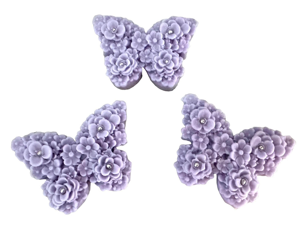 Set 3 decoratiuni comestibile din zahar, Fluturi mov lila Decoratiuni din Pasta de Zahar Nati Shop