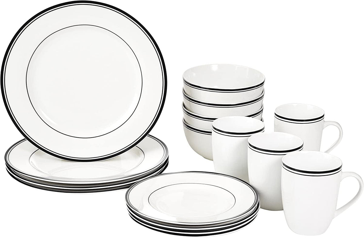 Set de veselă Amazon Basics Cafe cu margine neagră, 16 piese, pentru 4 persoane