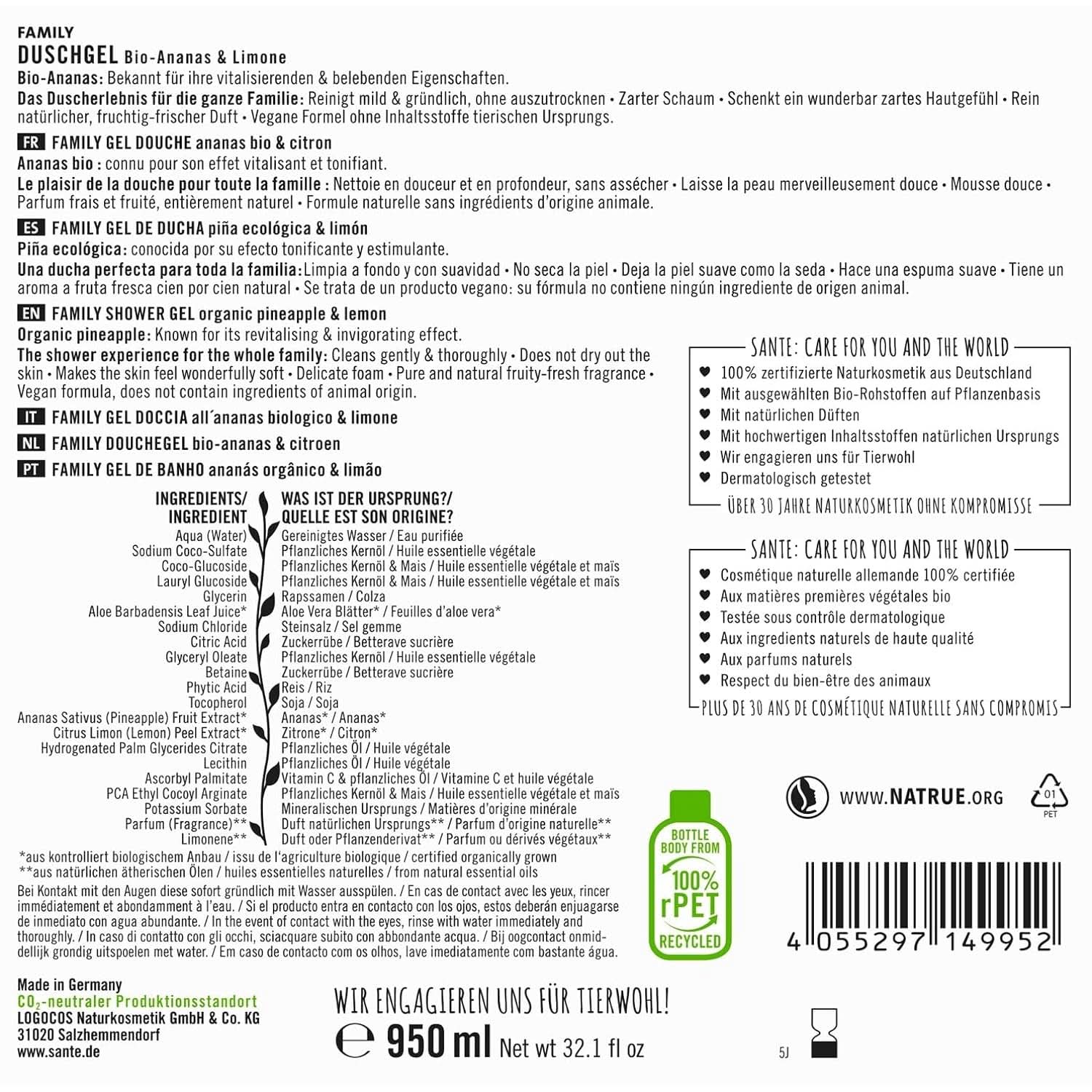 SANTE Naturkosmetik Erfrischendes Duschgel mit Zitrusduft, 950 ml Dusche und Bad Naty Shop