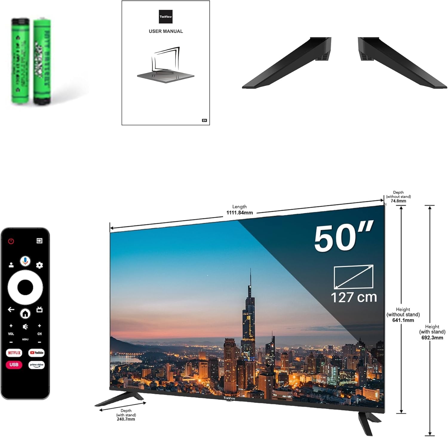TEEVIEW Google Smart TV | QLED 4K UHD | 50”/127cm | Design fără ramă | Tuner triplu DVB-T/T2/S/S2/C | HDMI x3, USB x2, CI+ | Control vocal și aplicații de streaming | Asamblat în Eindhoven | TV50QQG-EU