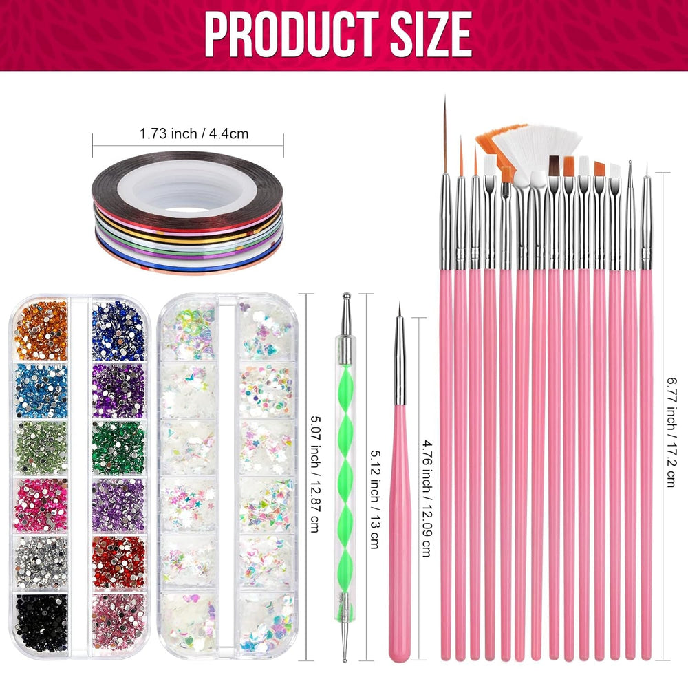 FANDAMEI Nail Art Pinsel Set, 15 Stücke Pinsel Für Gelnägel Nagel Pinsel, 5 Stücke Dotted Pen, 10 Rolle Streifenband Nägel, Strasssteine Nägel, Ultra Dünn Nagel Pailletten Für Nagelkunst Maniküre Set
