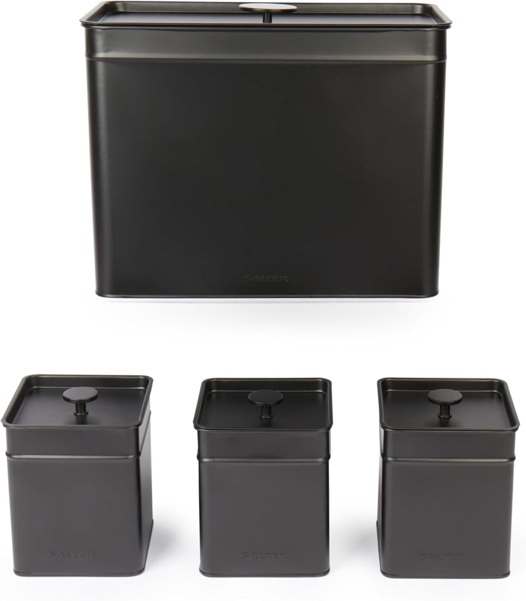 Salter BW12614EU7 Set de cutii de depozitare Kuro - 4 recipiente de bucătărie, pâine/ceai/cafea/zahăr, cutii pătrate de organizare, ușor de curățat, păstrează alimentele proaspete, negru Cutii depozitare alimente Naty Shop