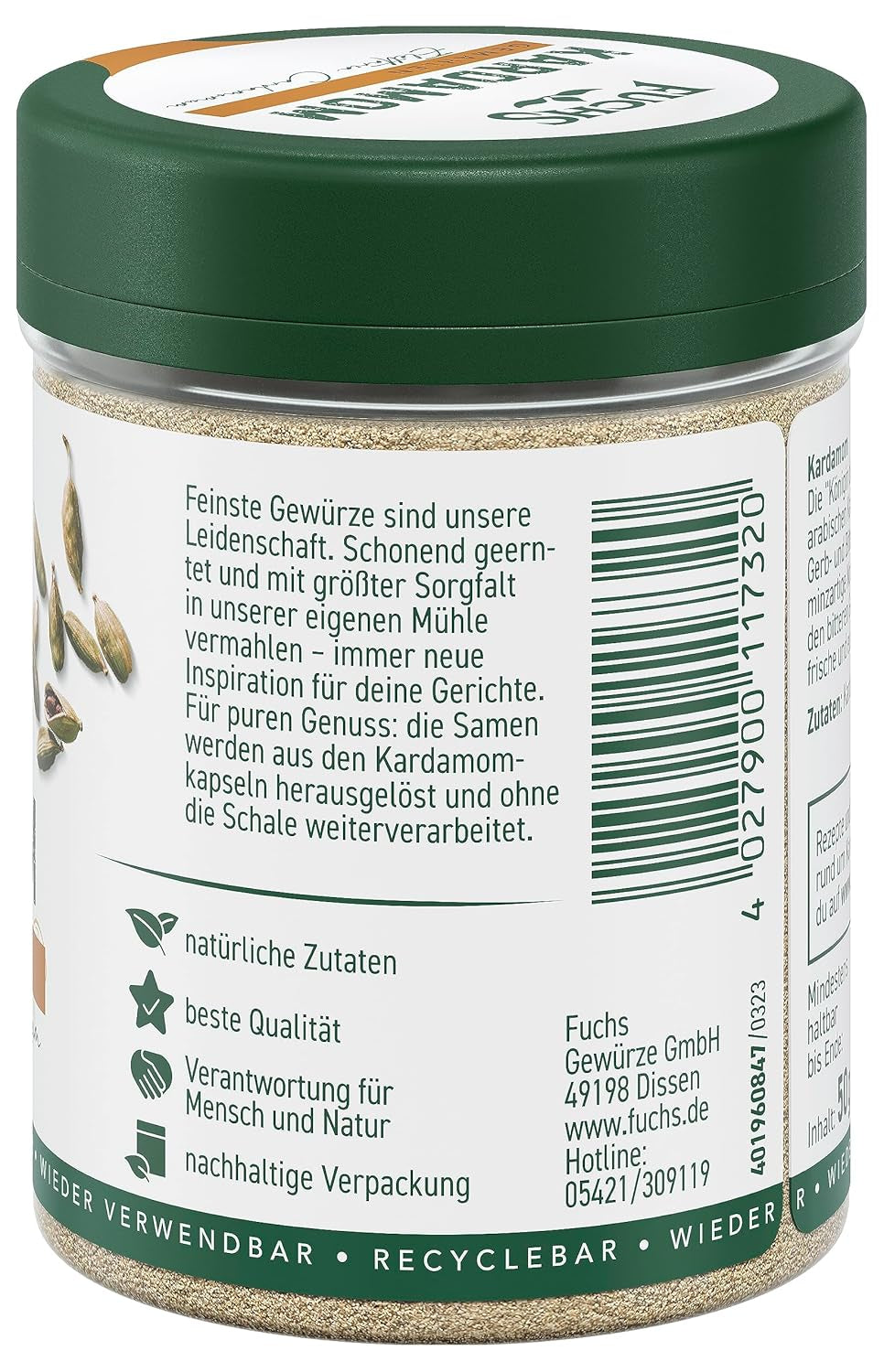 Fuchs Gewürze - Kardamom gemahlen - Gewürz für Glühwein oder Fleischgerichte wie Roastbeef oder Schweinebraten - natürliche Zutaten - 50 g in wiederverwendbarer, recyclebarer Dose