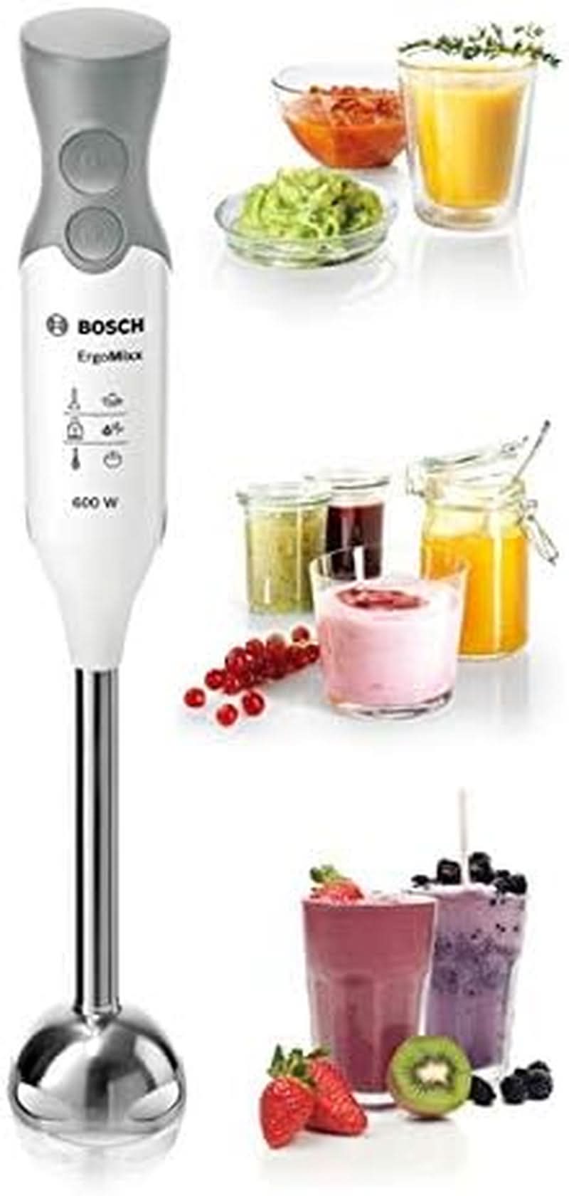 Bosch Stabmixer Ergomixx MSM66110, Edelstahl-Mixfuß, Mix- Und Messbecher, 2 Geschwindigkeitsstufen, Leichtes Gehäuse, 4-Klingen-Messer, Einfache Reinigung, 600 W, Weiß/Grau Bucatarie Naty Shop