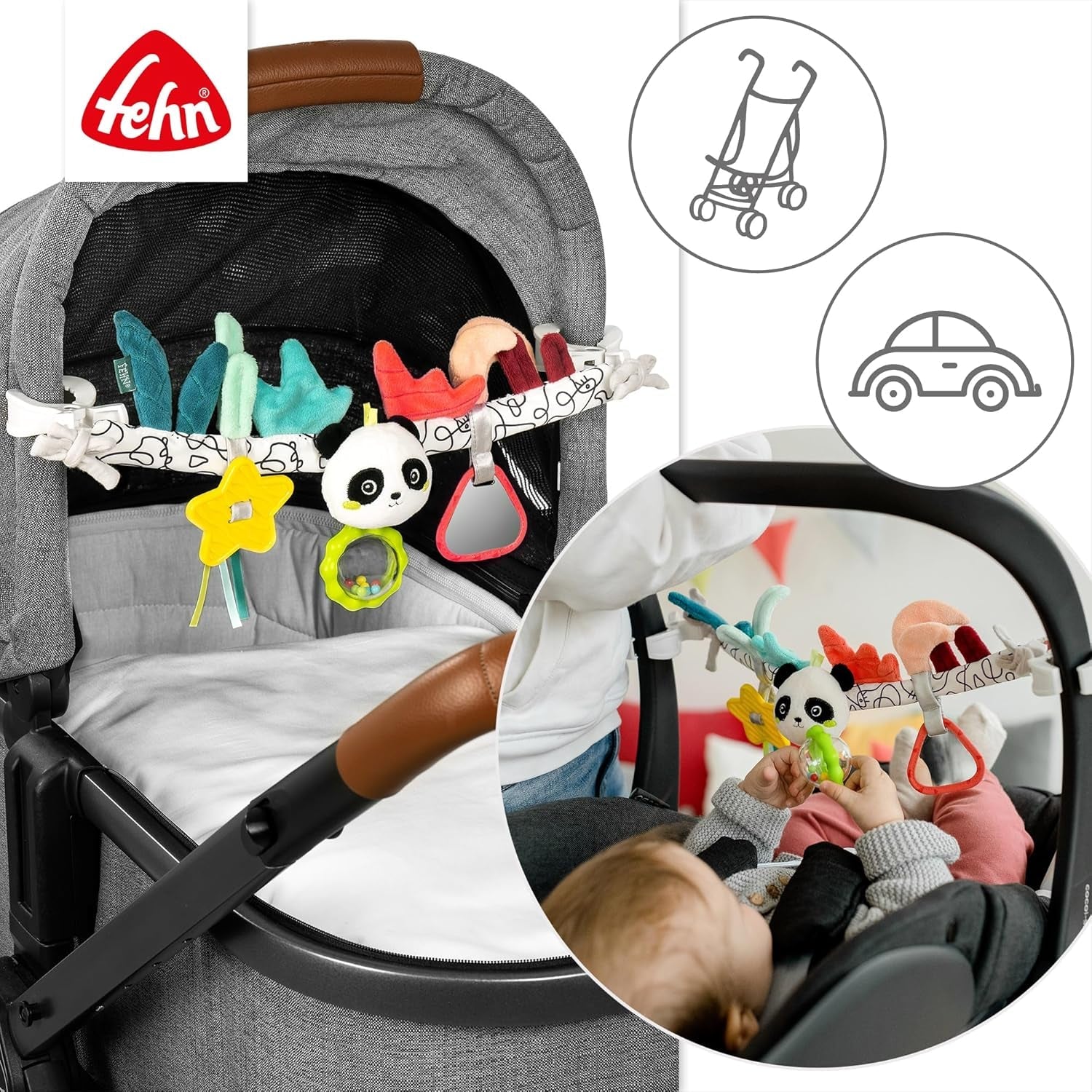 Fehn lanț mobil pentru copii Panda Baby Mobile - lanț mobil pentru copii cu figuri drăguțe - jucărie pentru copii pentru agățare flexibilă - jucărie pentru cărucior pentru bebeluși și copii mici de la 0+ luni Jucarii Bebe Naty Shop