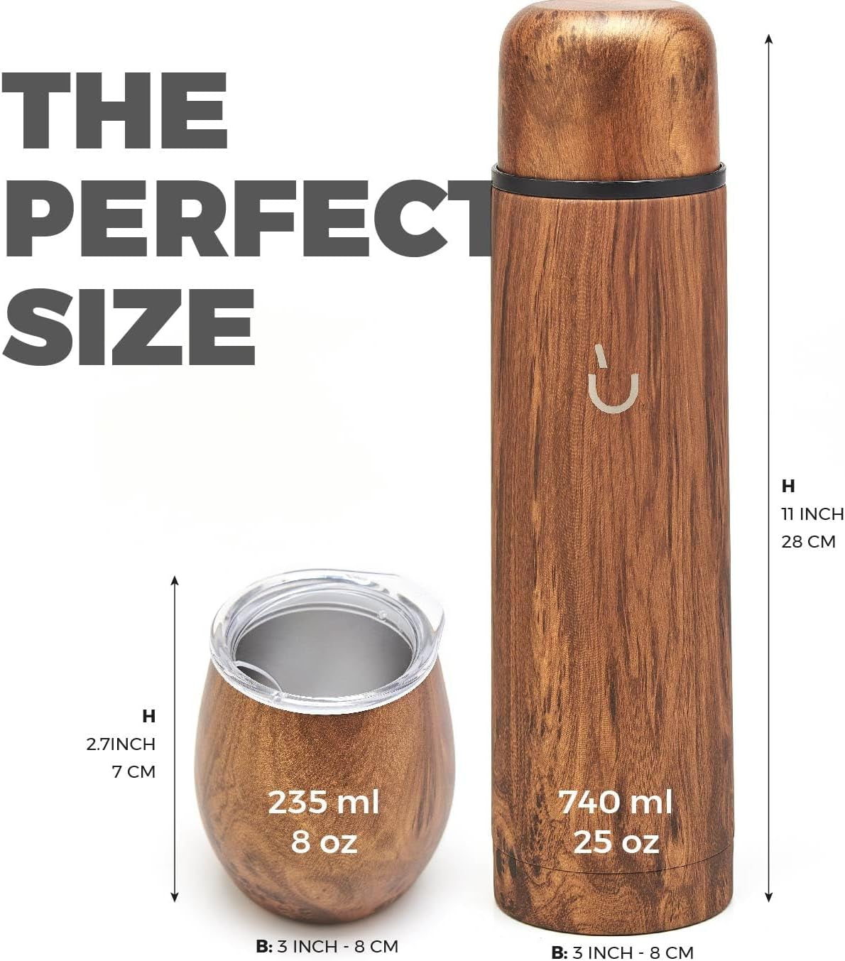 Set complet Balibetov Yerba Mate – Calabash modern, sticlă izolată, bombilla și perie de curățare incluse în livrare – Toate din oțel inoxidabil 304 18/8 de calitate premium (lemn)