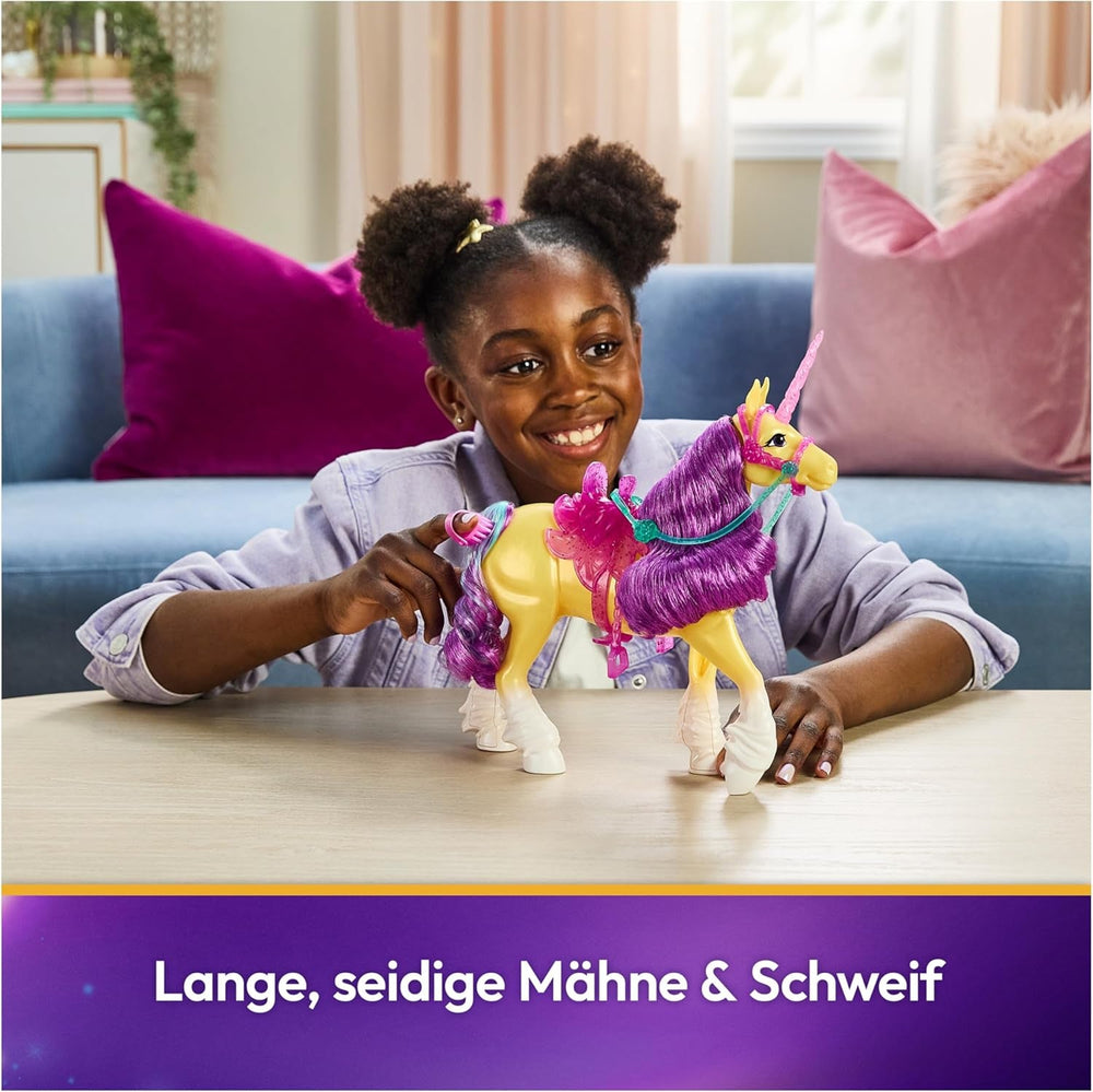Unicorn Academy Einhorn Leaf - 28 cm groß, Original-Einhorn von Ava zur Netflix-Serie, mit echter Mähne und Schweif, abnehmbarem Zaumzeug und Sattel sowie Bürste, für Kinder ab 4 Jahren
