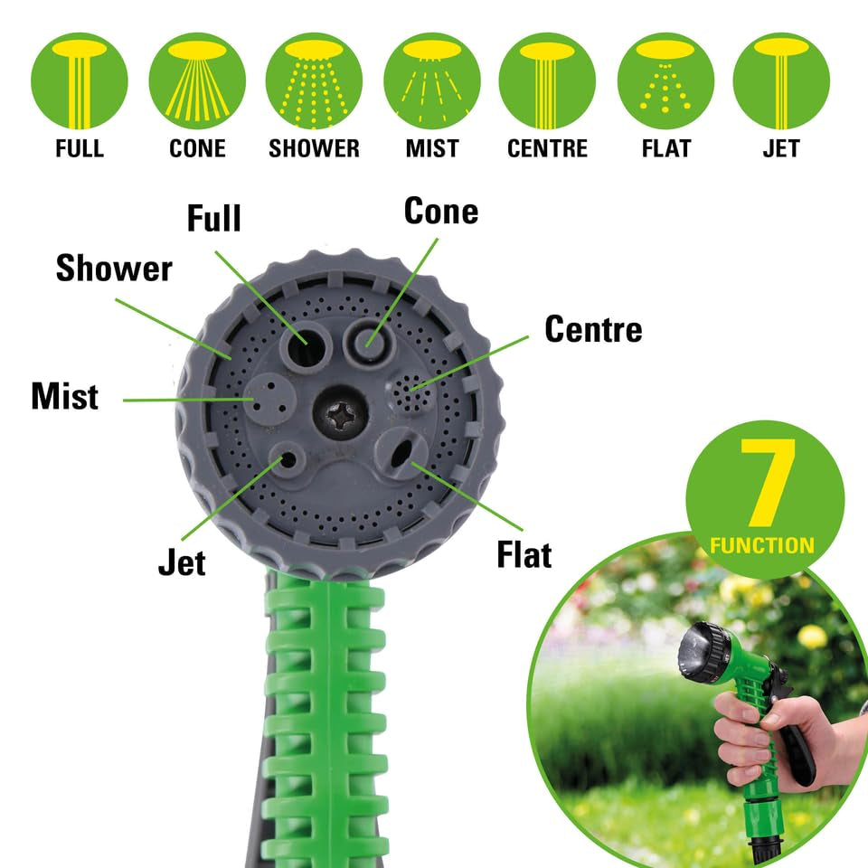 Furtun flexibil de grădină Kinzo 20 m – incl. accesoriu furtun – Furtun flexibil cu cap de pulverizare cu 7 poziții de pulverizare – Plastic – Verde/Gri