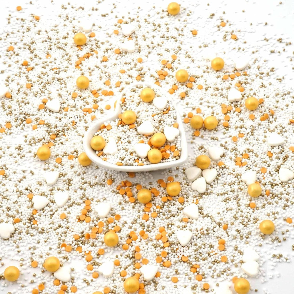 Streusel Glück, Sprinkles cu inimioare albe si bile aurii, 40 grame Sprinkles Naty Shop