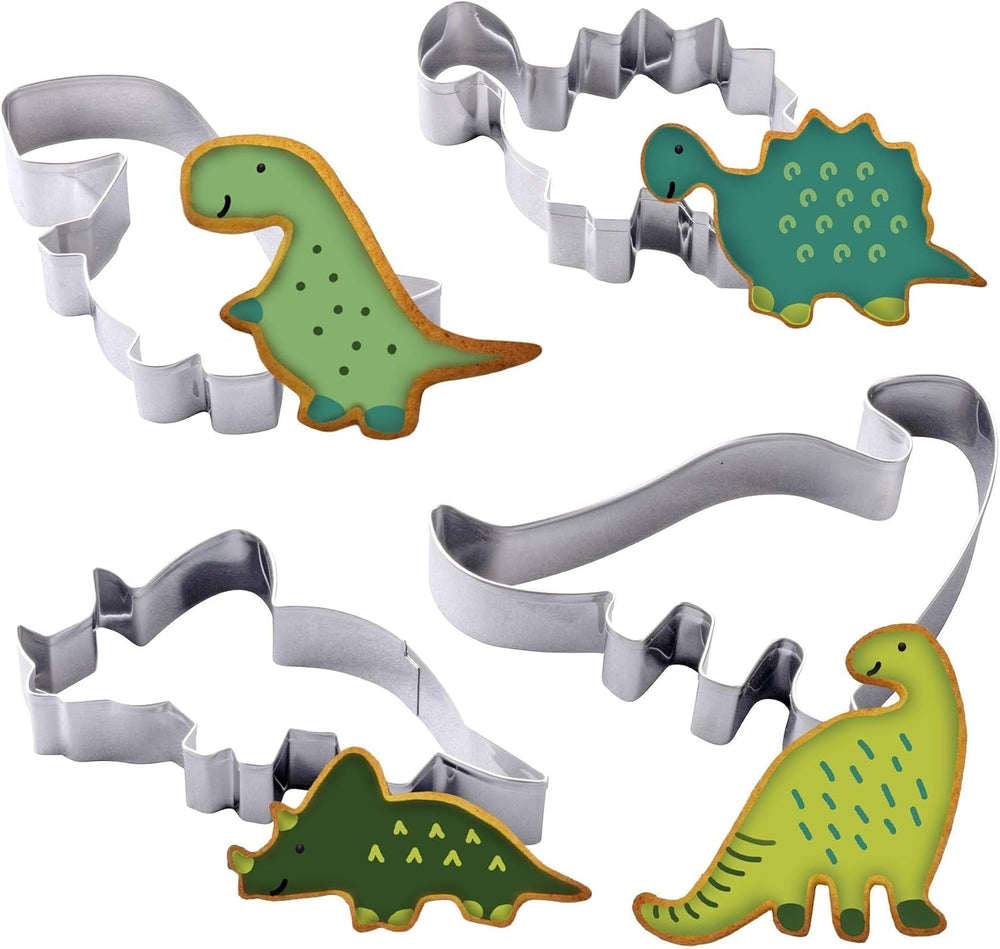 Set de forme de biscuiți Zenker cu dinozauri din oțel inoxidabil, 4 piese – Perfect pentru sesiuni creative de copt cu copiii, lavabil în mașina de spălat vase, design modern cu dinozauri, argintiu