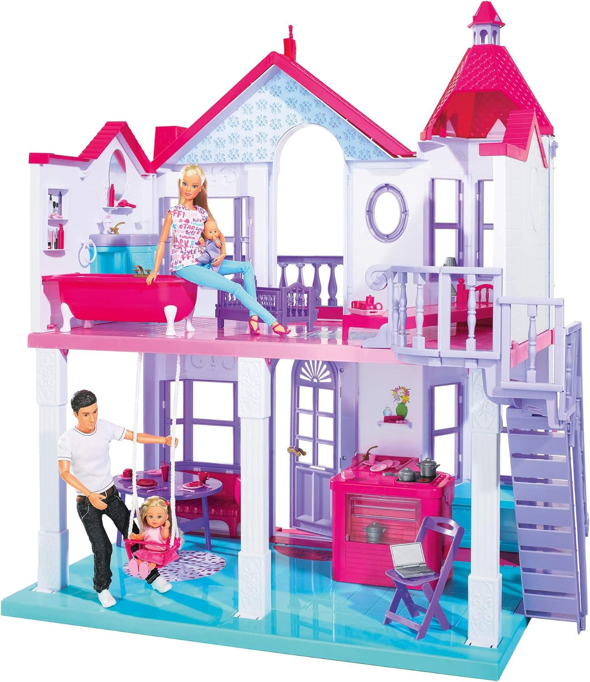 Simba 104661996 – Steffi Love Dreamhouse, großes Spielhaus, 4 Räume, KEINE PUPPEN, 84 cm hoch, zwei Etagen, funktionierende Glocke, zusammenklappbar. Naty Shop Dollhouses Standardtitel