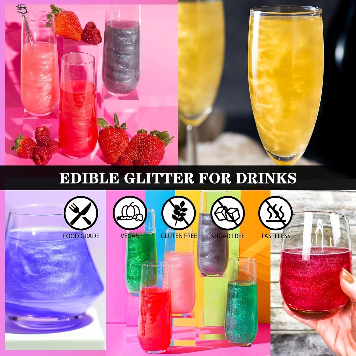 Set spray cu sclipici comestibil - 20 g praf de sclipici alimentar iridescent pentru băuturi, șampanie, prăjituri - colorant alimentar metalic comestibil pentru cocktailuri, vin, lichior, copt, prăjituri