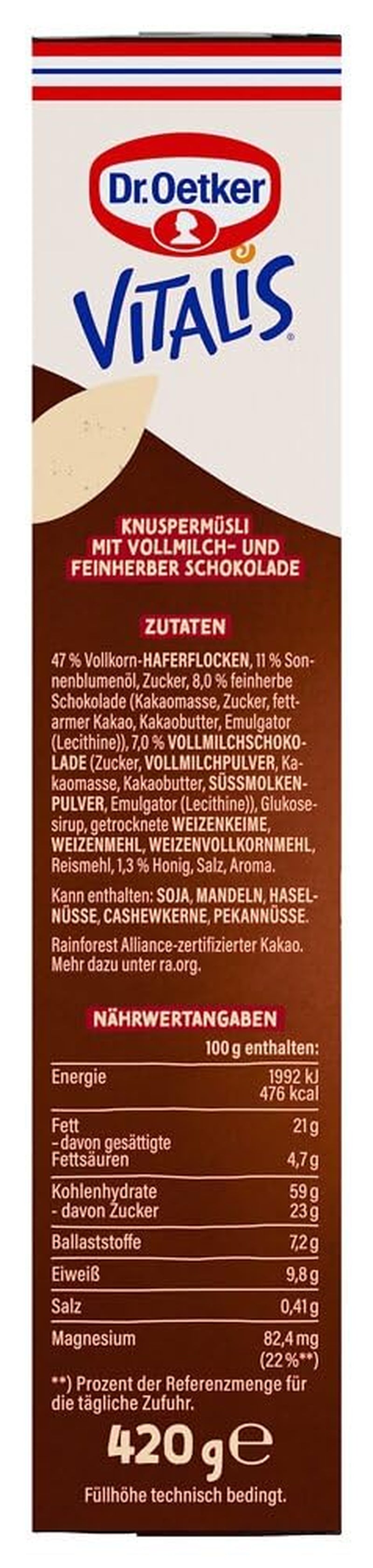 Dr. Oetker Vitalis KnusperPlus Ciocolată Dublă: Musli crocant cu lapte și ciocolată neagră, pachet de 7 (7 x 450g)