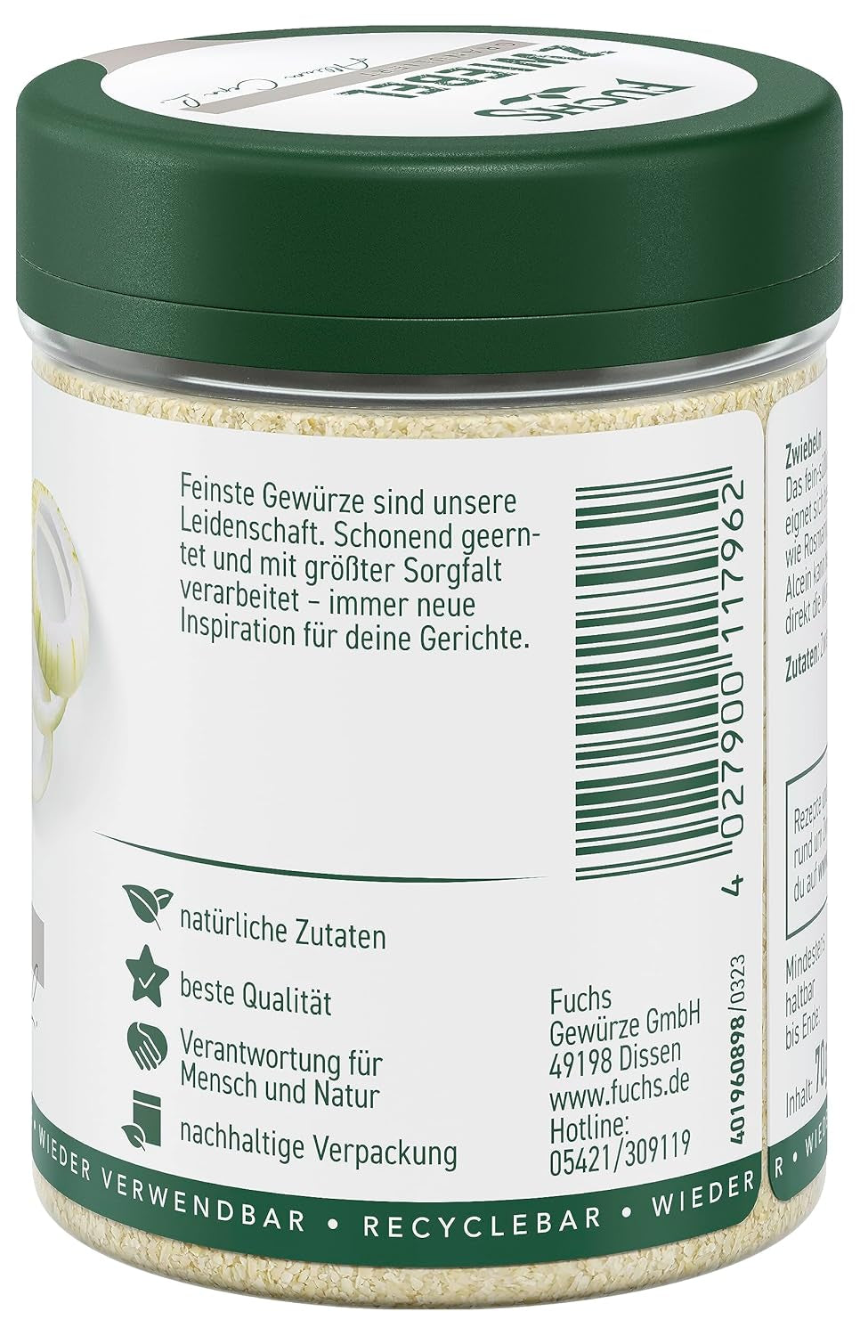 Fuchs Gewürze - Zwiebel granuliert - Gewürz für Saucen oder Nudelgerichte - natürliche Zutaten - 70 g in wiederverwendbarer, recyclebarer Dose