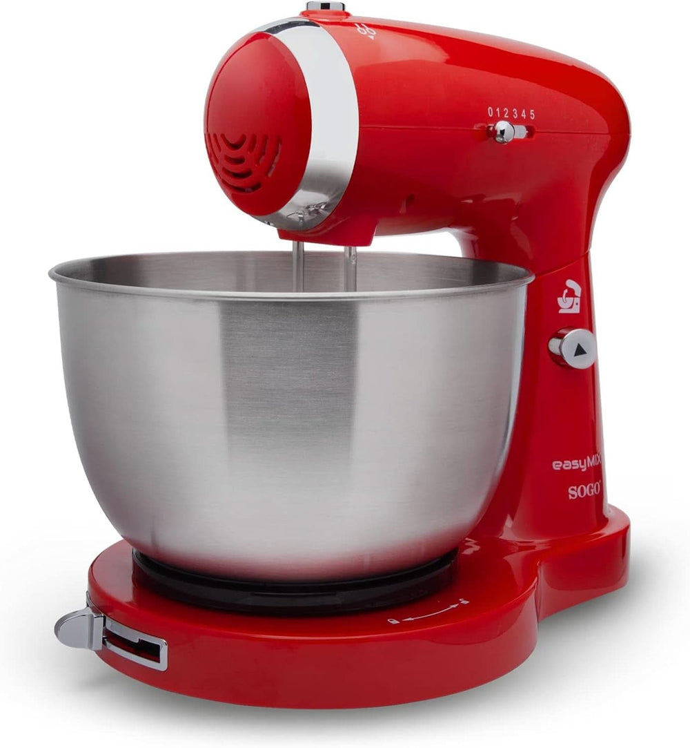 SS-14506 Küchenmaschine, Mixer Und Mixer 3-In-1 Mit Drehschüssel, Stäbchen Und Haken Zum Kneten Aus Edelstahl, 5 Geschwindigkeiten, 3,2 Liter (Rot) Mother and Child Naty Shop