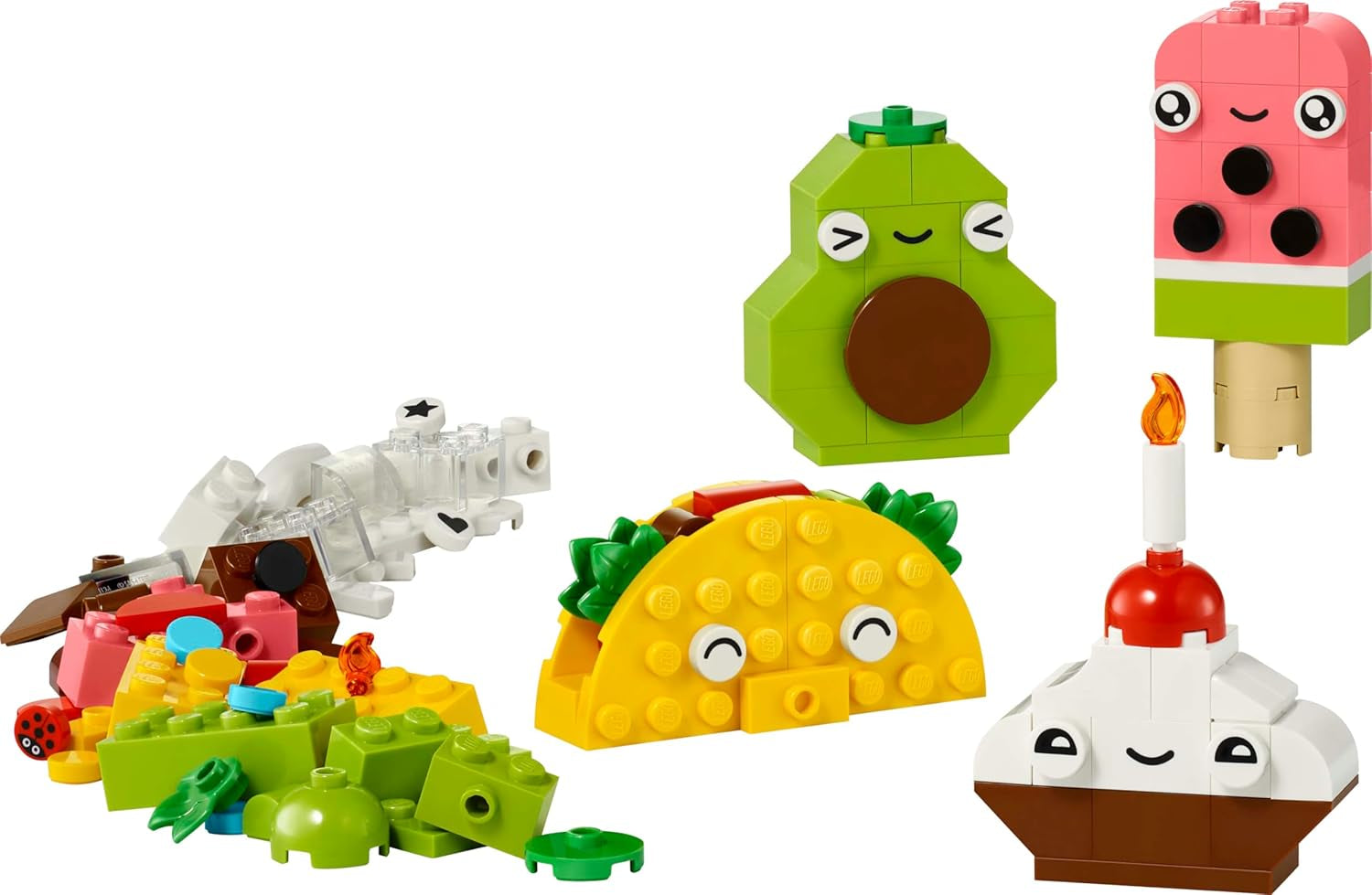 LEGO Classic Kreativer Snack Bauspaß, Spielzeug mit Essen für fantasievolle Rollenspiele, Bauset für Jungen und Mädchen ab 4 Jahren, Cupcake, Avocado, EIS am Stiel und Taco 11039