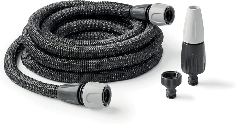 GF SRL, Aquapop Grey Easy 10, furtun împletit autoextensibil de 10 metri, fabricat în Italia, cu mini pulverizator de grădină și conectori pentru irigarea grădinii, gri închis