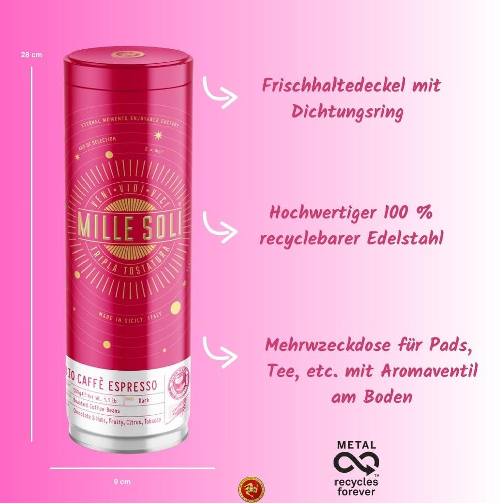Boabe de espresso organice 500g într-o cutie de cafea etanșă - calitate superioară și reutilizabile - boabe de cafea premium prăjite în Sicilia