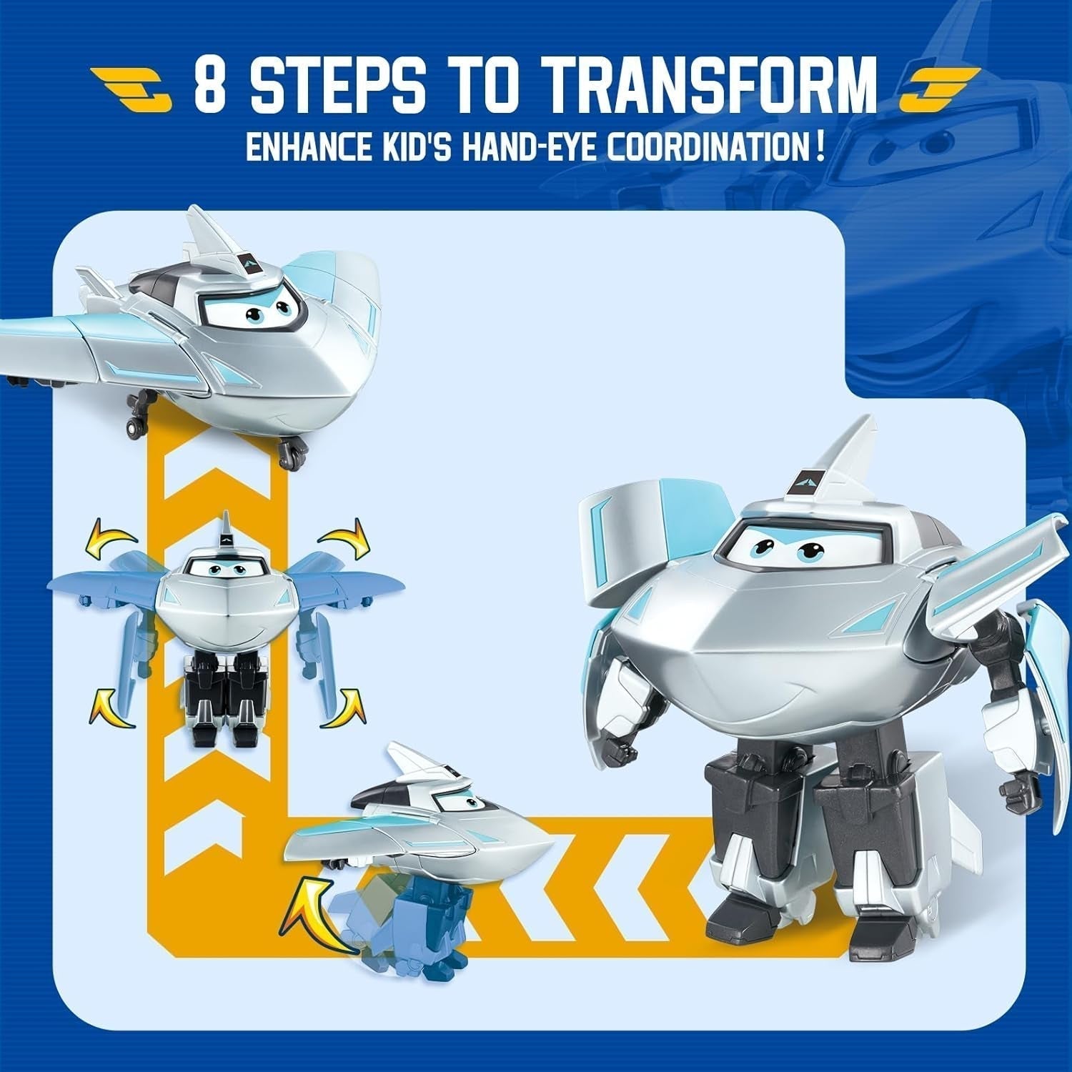 Super Wings Transformation Plane Supercharged Traver, Aprox. 12.7 Cm Figură mare de joacă pentru copii, avion de jucărie și figură de robot pentru băieți și fete de peste 3 ani, argintiu Action figures Naty Shop