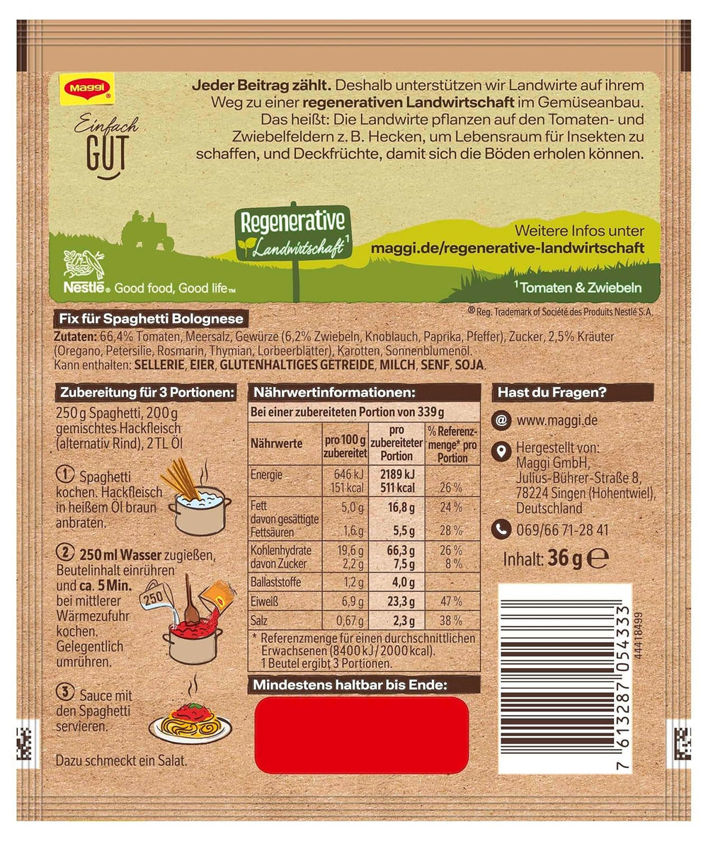 MAGGI Fix für Spaghetti Bolognese, Würzmischung, 100% natürliche Zutaten, für 3 Portionen, 1er Pack (1 x 36g Packung)