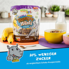 FRECHE FREUNDE KIDS, Bobs & DIKKAs Muesli crocant cu banană și cacao, muesli crocant cu ciocolată pentru copii, conținut scăzut de zahăr, fără aditivi, 100% vegan, 6 bucăți (6 x 280g)