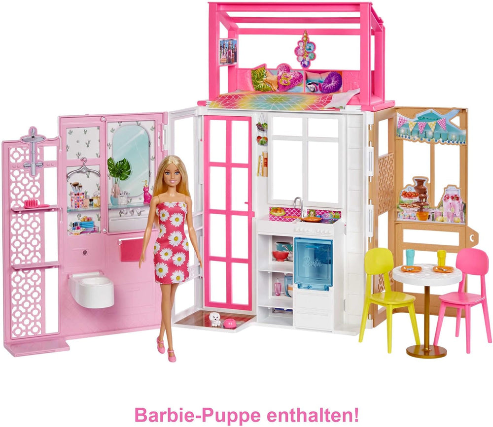 Barbie-Puppenhaus (70,6 x 51,4 cm) mit 4 Spielbereichen, Zubehör und Möbeln, komplett möbliert, 360° drehbar, faltbar, Puppe, Geschenk für 3-jährige Kinder, HHY40 Puppenhäuser Naty Shop