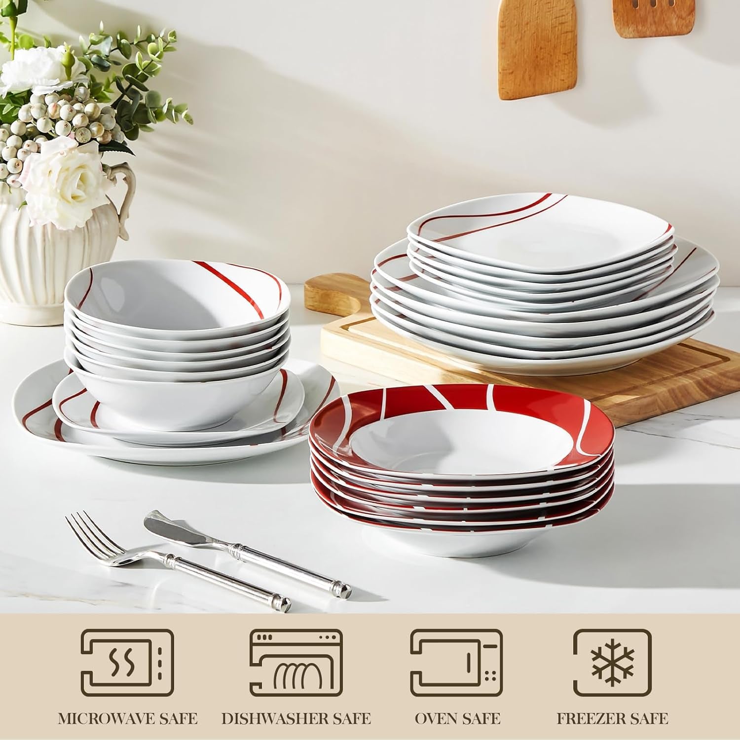 Set de veselă MALACASA pentru 6 persoane, serviciu de masă din porțelan Felisa cu 24 de piese, set de veselă modern cu 6 farfurii de cină, farfurii de desert, farfurii de sumă și boluri, perfect pentru Crăciun și pentru uz zilnic