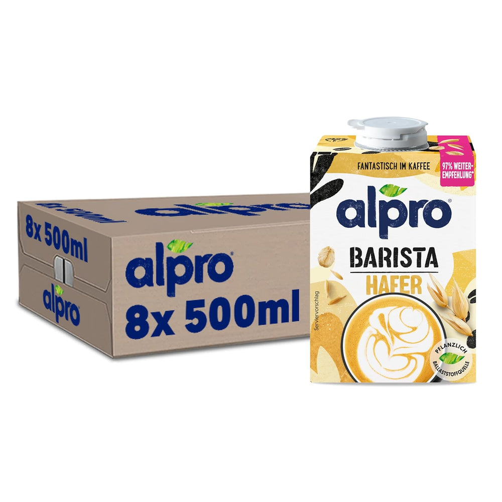 Alpro Barista Haferdrink – Zum Aufschäumen – Vegan und milchfrei – Von Natur aus laktosefrei – Reich an Ballaststoffen, Kalzium und Vitaminen – 8 x 1 L – Haltbar
