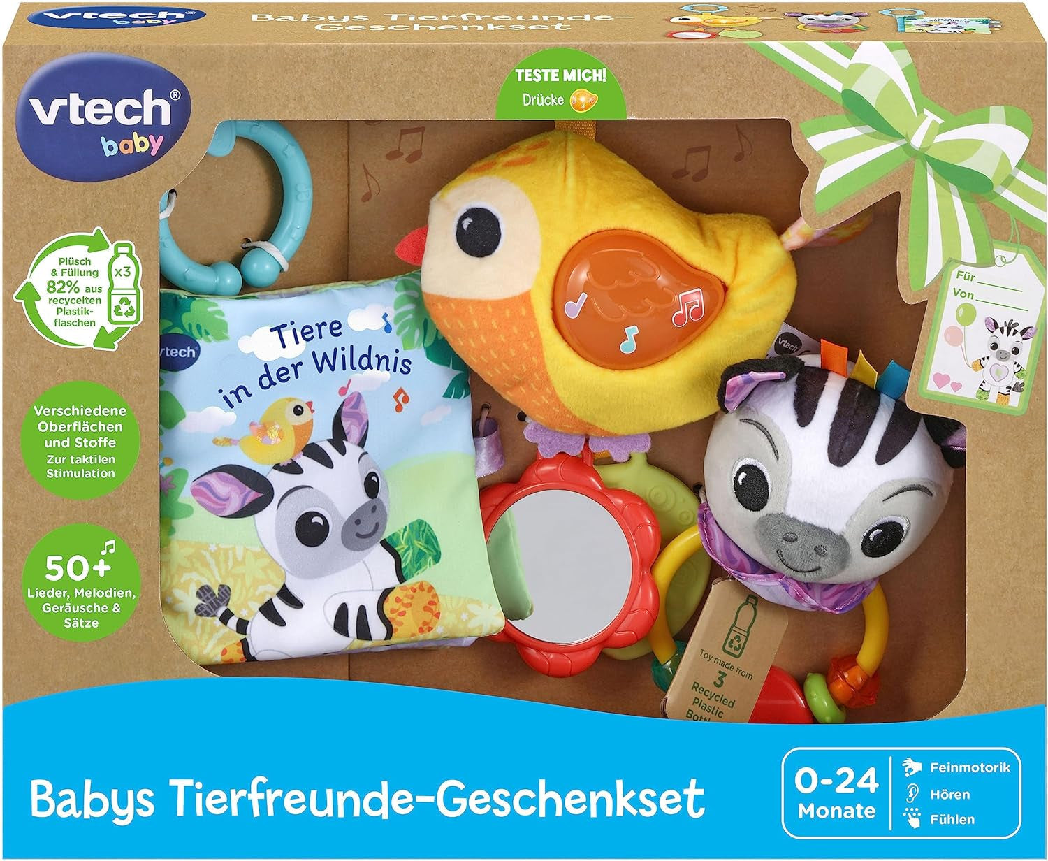 VTech Baby - Set cadou Baby's Animal Friends - Set de jucării cu carte din material textil, pasăre cântătoare și zornăitor zebră - Pentru copii cu vârsta cuprinsă între 0-24 luni Jucarii Bebe Naty Shop