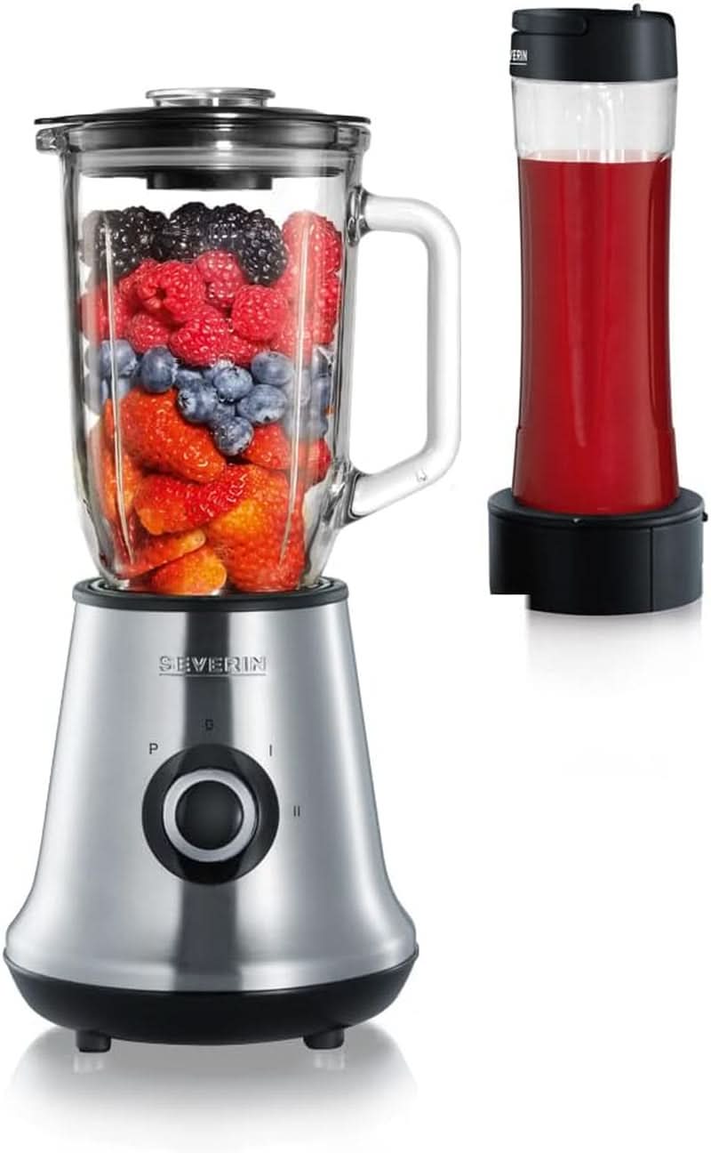 SEVERIN Multimixer, 2-In-1 Standmixer Und Smoothie Maker Mit 1 L Glas-Mixbehälter Und Trinkbecher, Küchenmixer Mit 2 Stufen Und Pulse-Funktion, 500 W, Edelstahl/Schwarz, SM 3737 Mutter und Kind Naty Shop Single Inkl. Mix Go Flasche