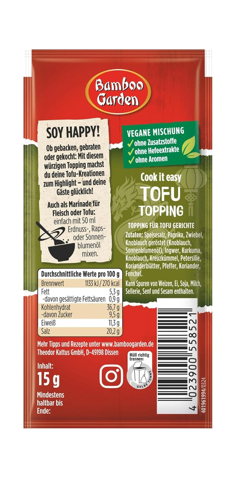 Bamboo Garden - Tofu Topping | Gewürztopping zum Verfeinern von Tofu Gerichten | Vegan, natürliche Zutaten | 15 g im Beutel