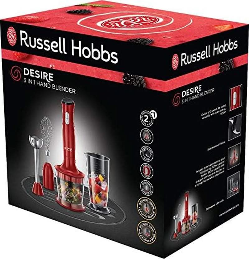 Russell Hobbs Stabmixer [3-In-1: Pürierstab/Zerkleinerer, Mixer- & Schneebesenaufsatz] Desire Rot (Bpa-Free & Spülmaschinenfestes Zubehör, Für Smoothie, Suppen Saucen, Joghurt Babynahrung) 24700-56 Kitchen Naty Shop