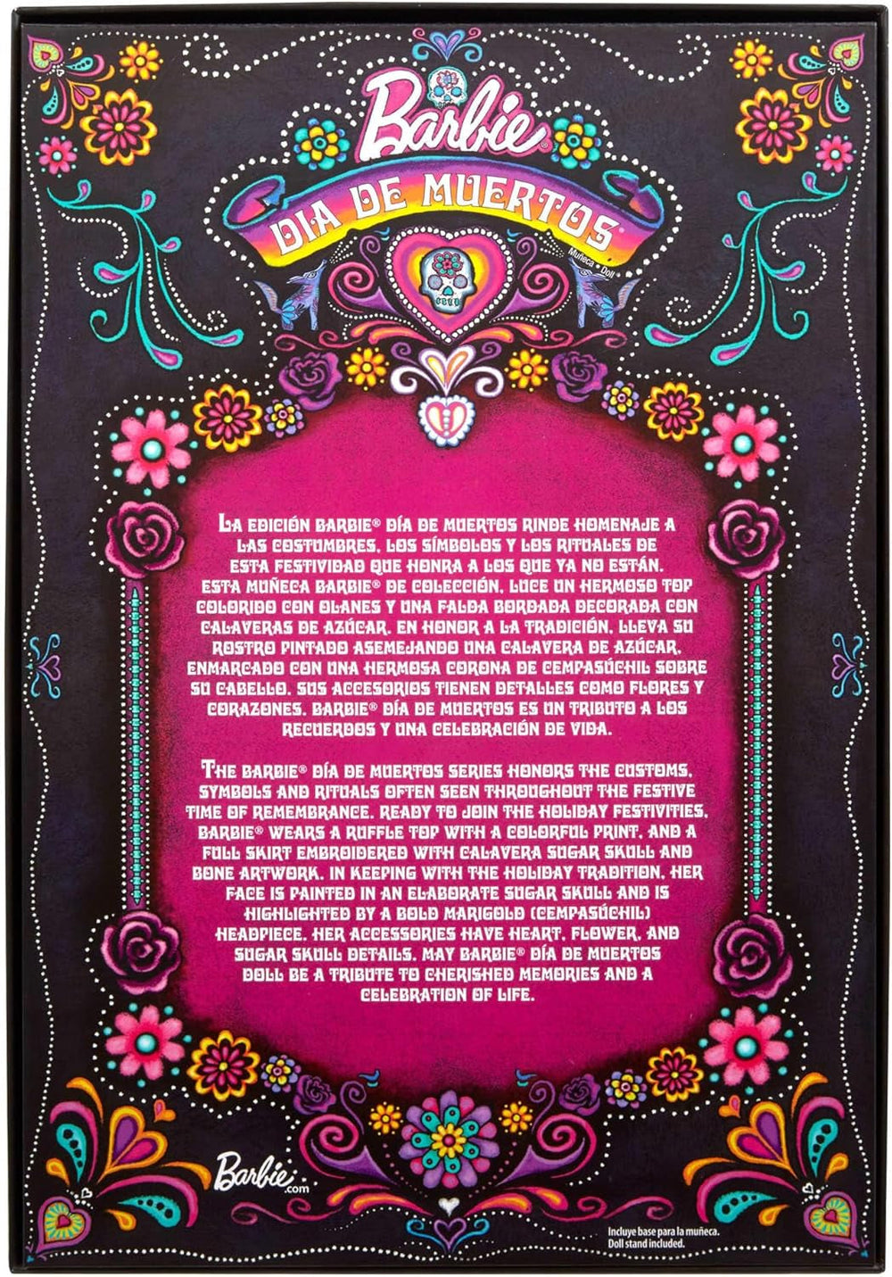 Păpușa Barbie Signature, figurină de colecție Día De Muertos 2024 cu rochie neagră și top albastru cu volane, imprimeu brodat și accesorii colorate, HRM72