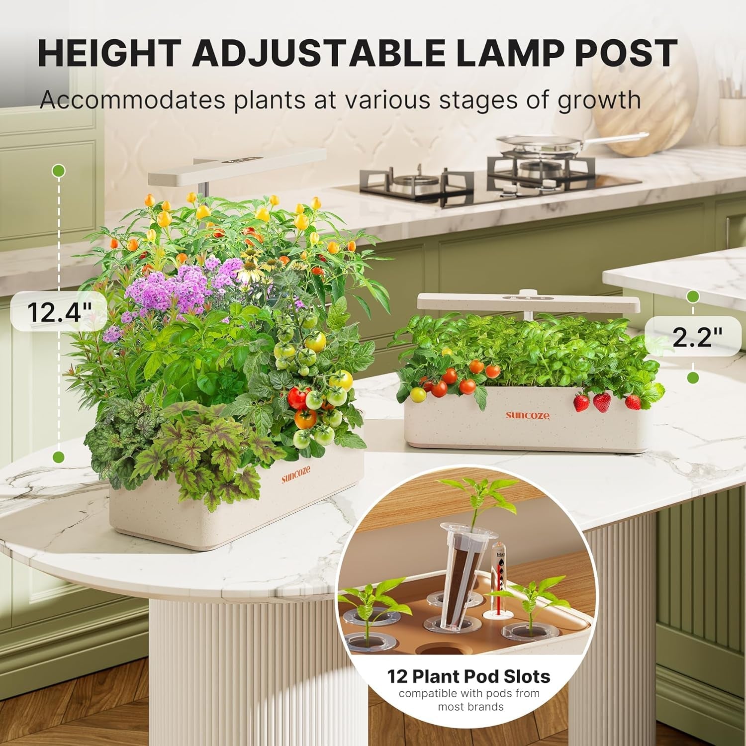 Kit sistem de creștere hidroponică cu 12 capsule, lampă LED de 24W pentru grădină de interior, rezervor de apă de 4L cu pompă silențioasă, jardinieră cu înălțime reglabilă pentru plante aromatice, kit de grădinărit de interior, cadouri de grădinărit, bej