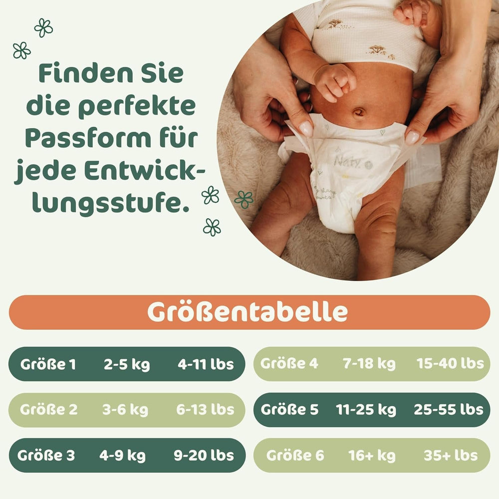 Scutece pentru bebeluși Naty BioEmbrace, mărimea 3 (4–9 kg) | 100% materiale pe bază de plante, delicate cu pielea | Moliciune respirabilă, testate dermatologic, absorbție excelentă | 100 buc.