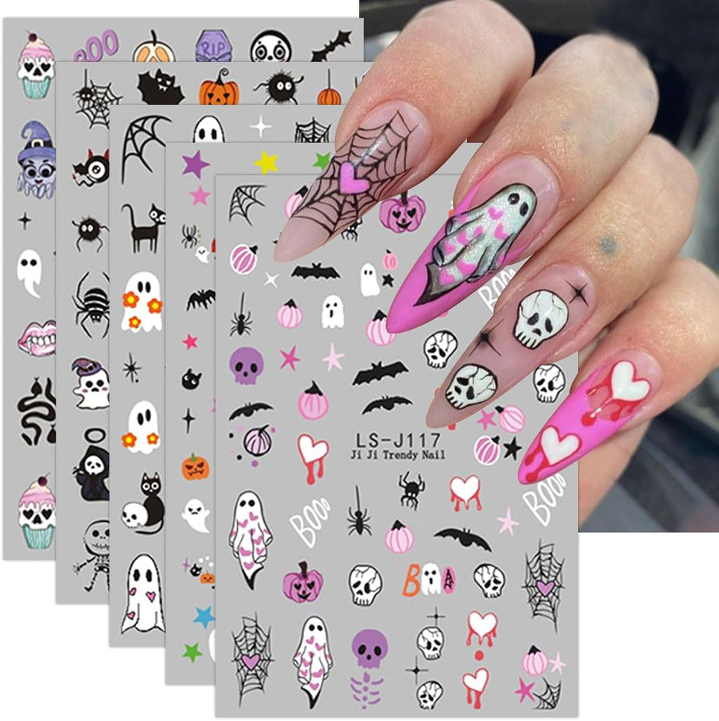 JMEOWIO Nagelsticker Halloween Süßer Geisterkürbis 9 Blatt Nail Art Sticker Selbstklebend Nagelaufkleber Dekoration Nageldesign Zubehör