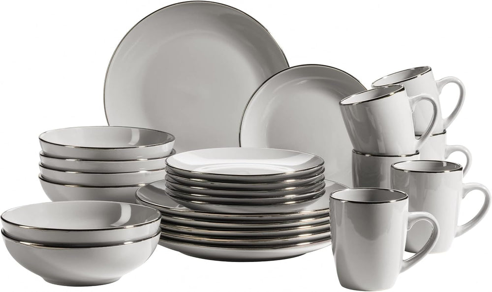 MÄSER Metallic Rim, Modernes Geschirr Set Für 4 Personen Mit Messingfarbenem Rand, 16-Teiliges Kombiservice Mit Randlosen Coupe-Formen, Steinzeug, Grau Tableware Sets Naty Shop Grau 24-Teilige