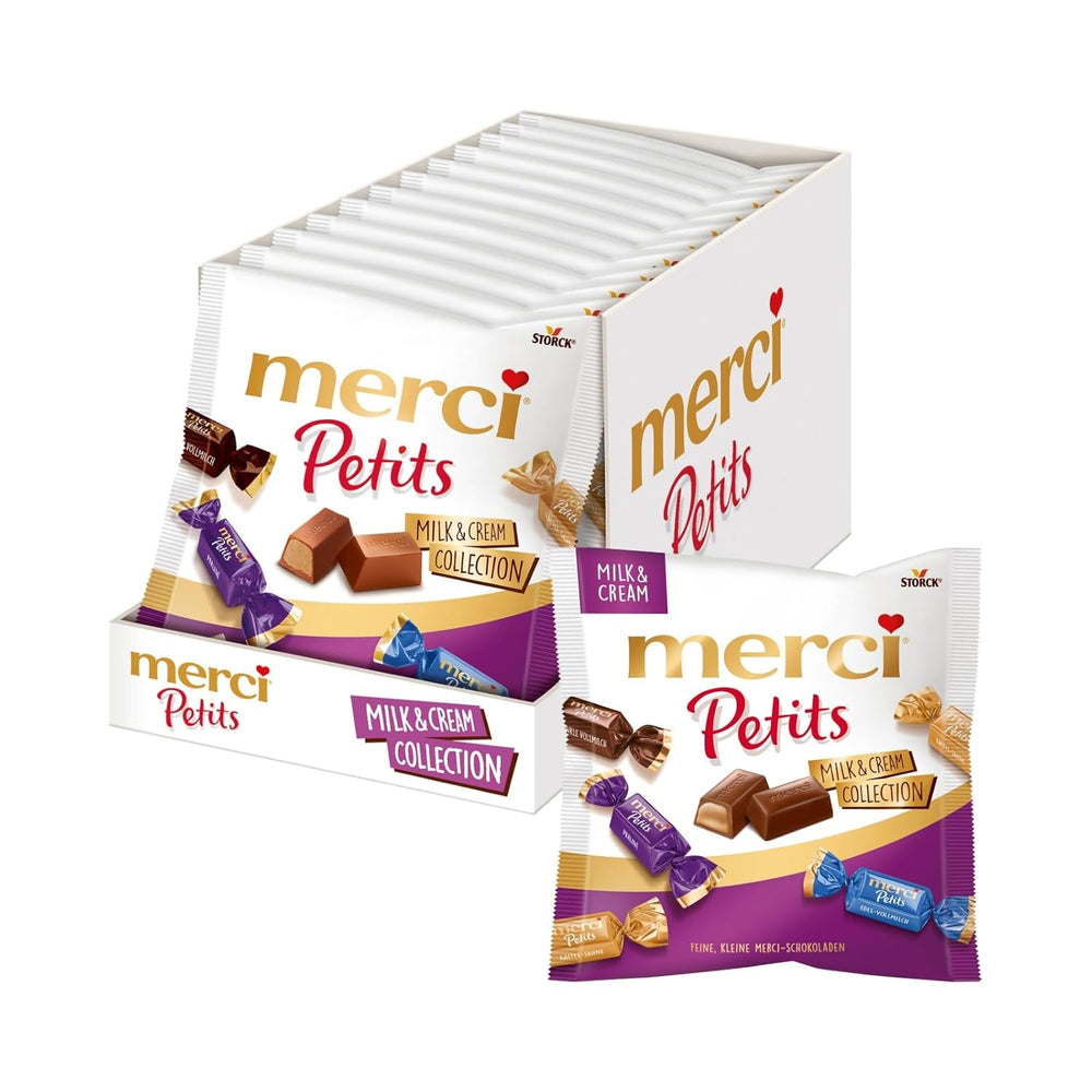 Cremă de cafea Merci Petits – 12 x 125 g – Praline mici de ciocolată albă pe ciocolată fină cu cremă de cafea – Praline de ciocolată ambalate individual