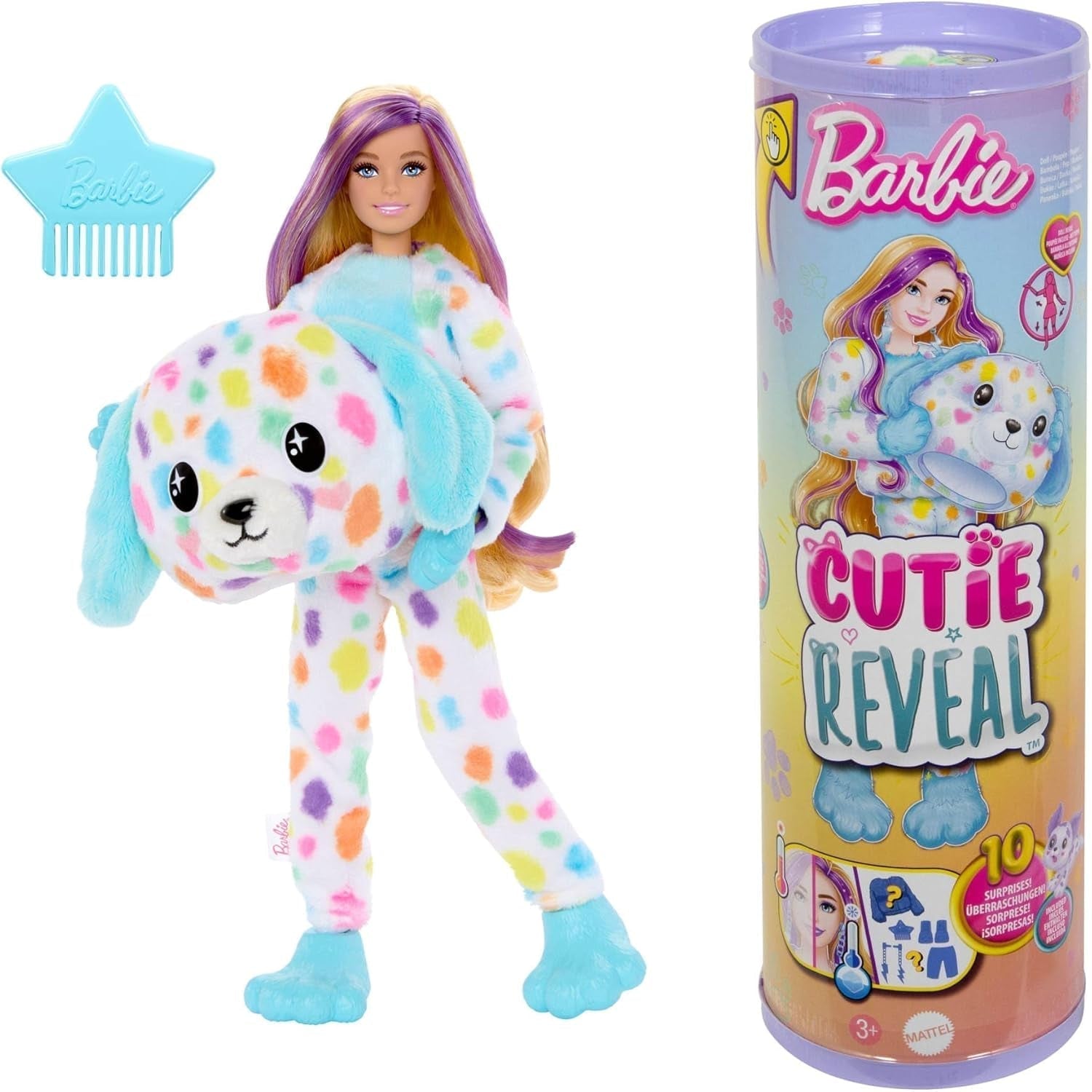 Barbie Cutie Reveal Doll și accesorii, costum de pluș Batik Bunny și 10 surprize cu schimbare de culoare, seria Color Dream, HRK38 Papusi Naty Shop Dalmațian curcubeu
