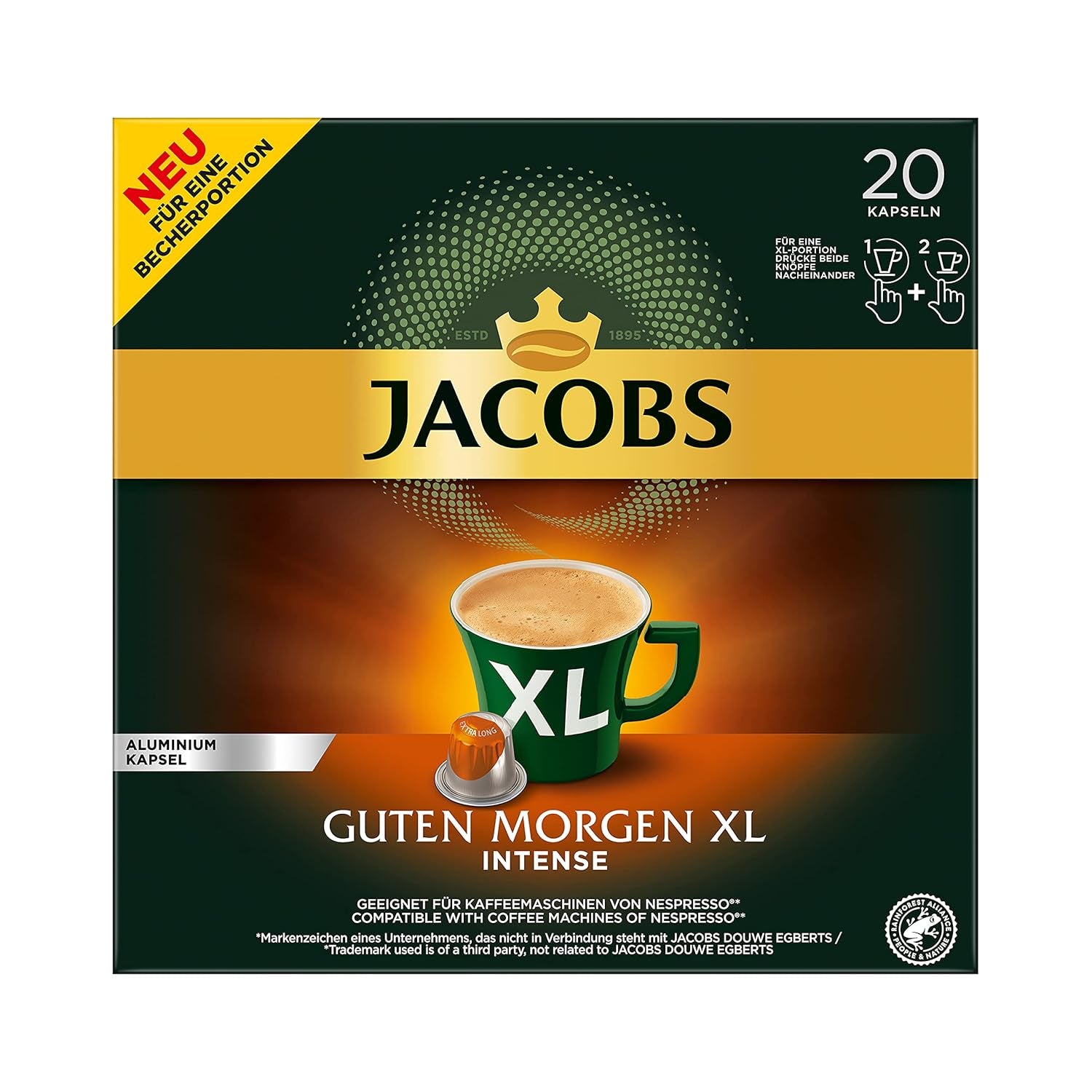 Jacobs Kaffeekapseln Guten Morgen XL Intense - 10er Pack (10 x 20 Getränke) & Kaffeekapseln Lungo Classico, Intensität 6 von 12, 20 Nespresso®* kompatible Kapseln, 10 x 20 Getränke