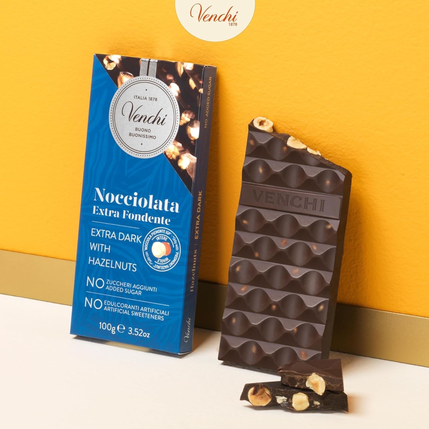 Venchi – Pachet de 6 batoane de ciocolată neagră cu alune de pădure, 600g – Fără zahăr adăugat – Fără îndulcitori artificiali – Fără gluten – Vegan – Idee de cadou