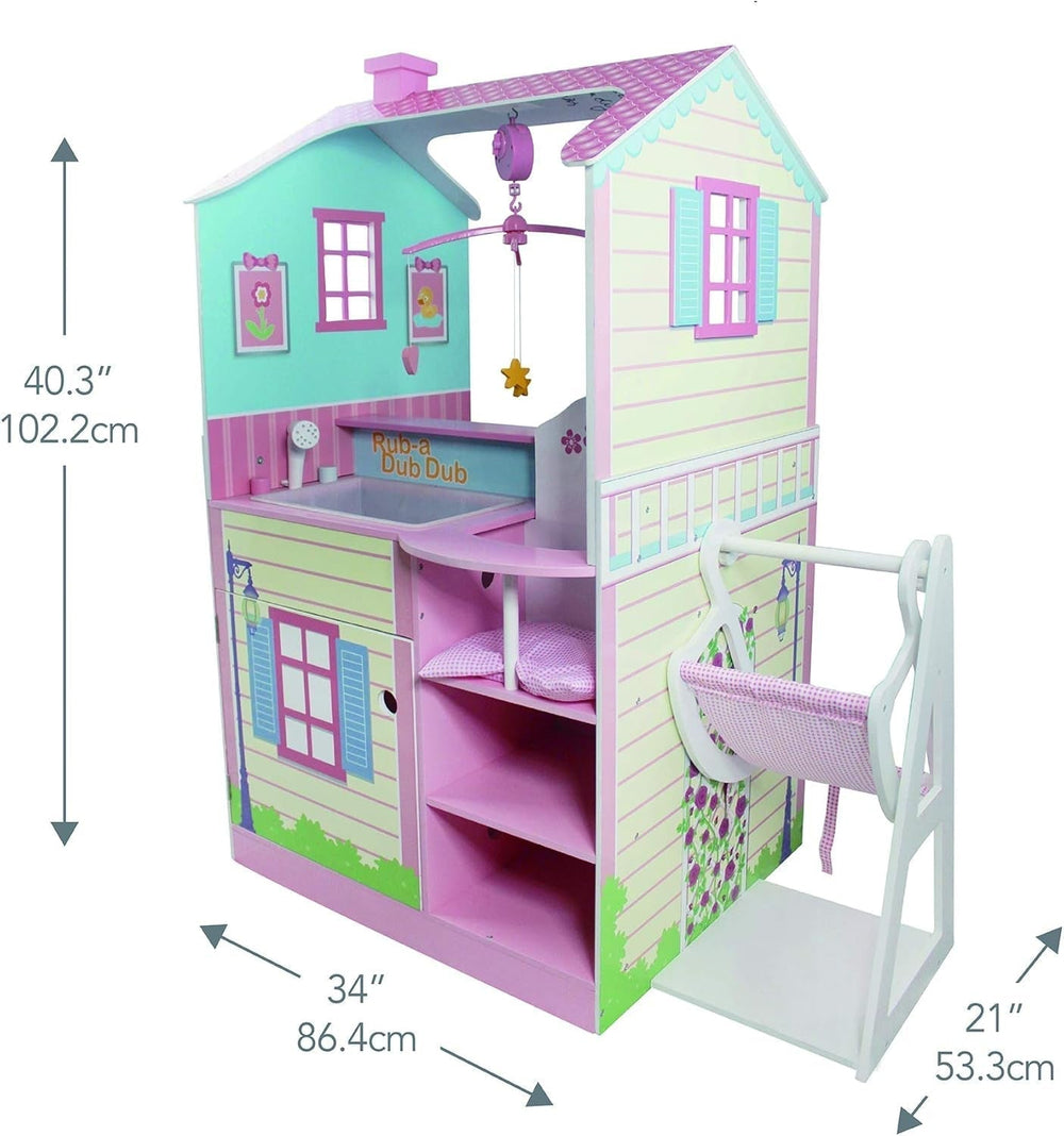 Olivia's Little World 2-in-1-Puppenhaus und Wickelstation, Puppenspielset aus Holz mit Hochstuhl TD-11460A, Puppenhäuser, Naty Shop