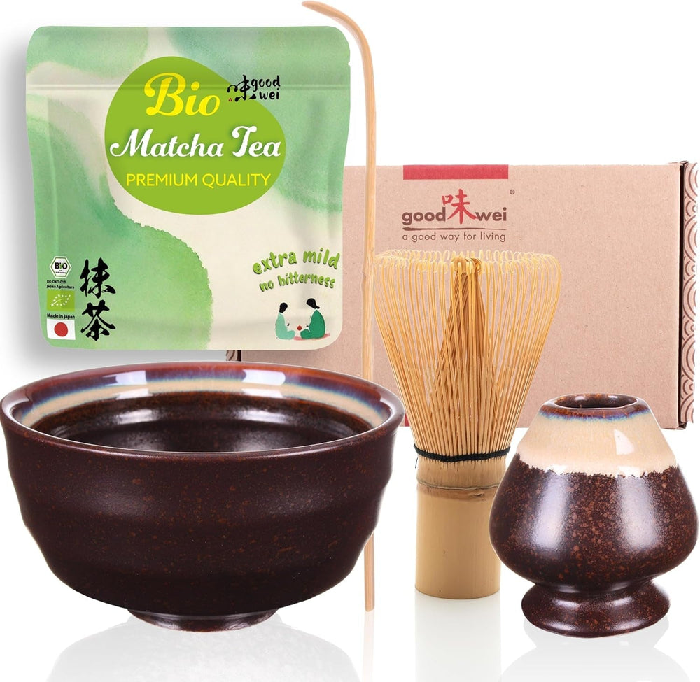 Set Goodwei Matcha cu tel pentru matcha, bol pentru matcha, suport pentru tel din ceramică și ceai matcha organic din Japonia | Set cadou (Kumo)