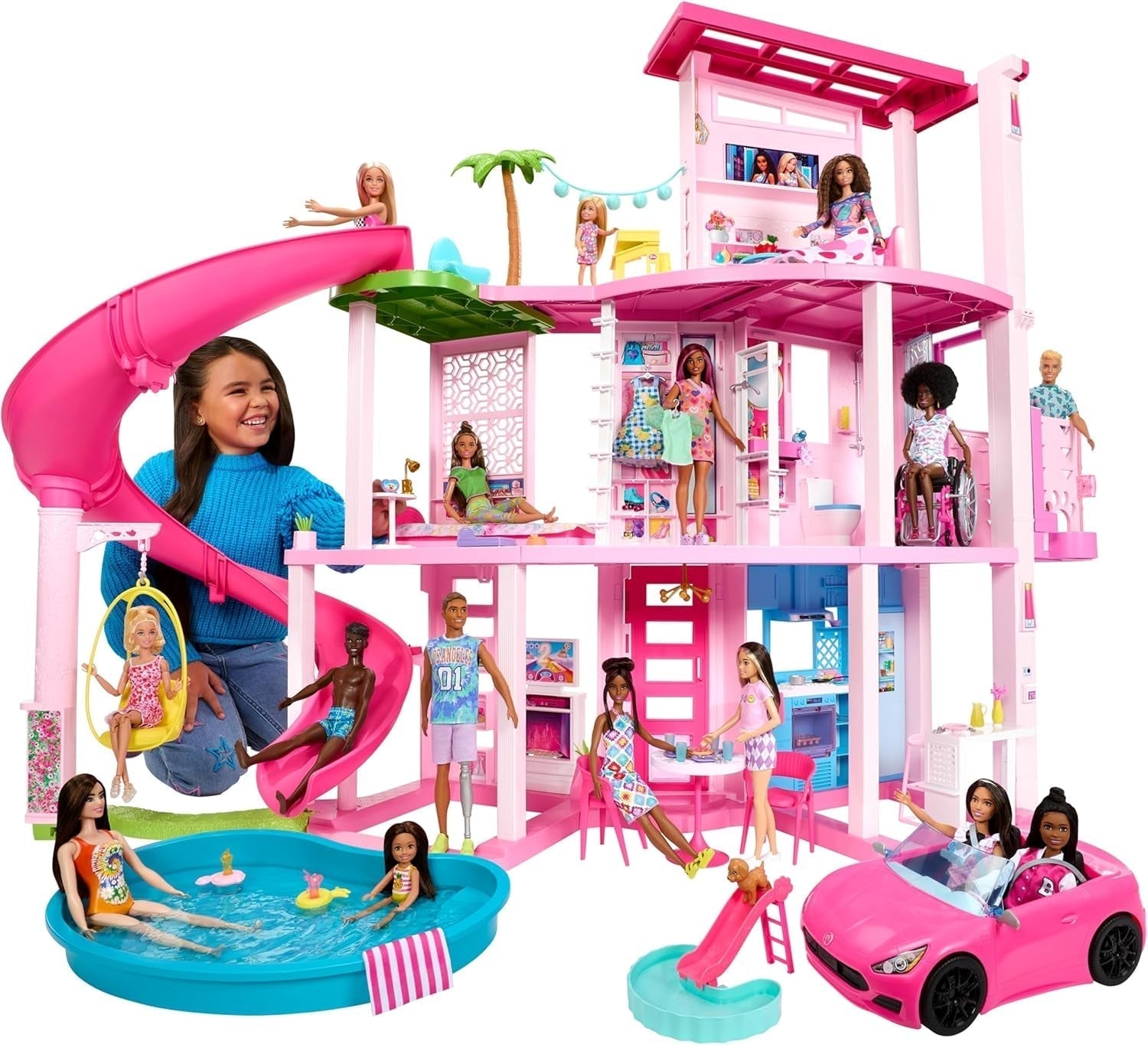 Barbie Dream Villa, 3-stöckiges Barbie-Haus mit 10 Spielbereichen, einschließlich Pool, Rutsche, Aufzug, 75 Puppenzubehör, Spielzeugwelpe, Spielzeug für Kinder ab 3 Jahren, HMX10 Naty Shop Puppenhäuser