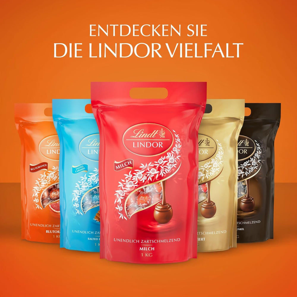 Bile de ciocolată Lindt LINDOR cu portocale roșii | Pungă resigilabilă de 1 kg | aprox. 80 de bomboane de ciocolată cu umplutură care se topește în gură | Pachet vrac, cadou de ciocolată