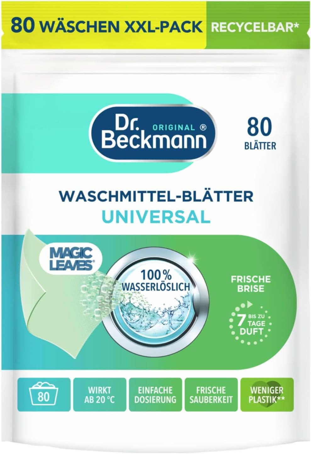 Waschmitteltücher Dr. Beckmann MAGIC LEAVES COLOR | Vordosierte und wasserlösliche Waschtücher | Platzsparend und einfach zu bedienen | 25 Blatt Naty Shop Waschmittel 80 Stück Universal